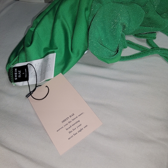 shein.Bae.Elegant Green Open Back Drawstring Shoulder Sparkly Dress Size L - Picture 7 of 12